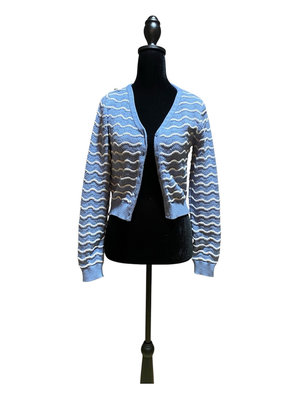 Cropped Light Blue Wave-Textured Cardigan Sweater - Women